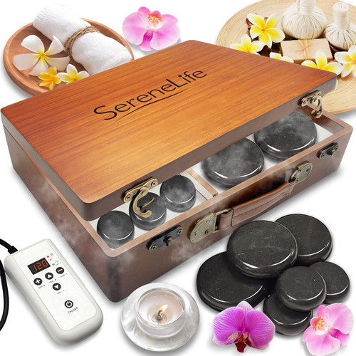 SereneLife Hot Stones Massage Set with Warmer - Warm Round Basalt Stone Pack Heated Body Massaging Kit w/Portable Electric Heater Bag 12 Large Small Rock, Digital Controller