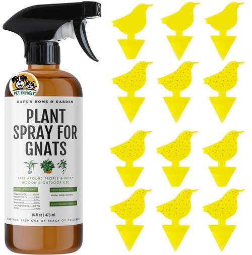 Kate's Home & Garden Plant Spray for Insects & Getting Rid of Gnats with 12 Sticky Traps. Fungus Gnat Killer & Bug Spray for Indoor Plants (16oz, Peppermint, Pet Safe, Non Toxic)