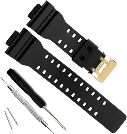 MyTime Natural Resin Replacement Watch Band Strap for Casio Mens G-Shock GD120/GA-100/GA-110/GA-100C (Black+Golden Buckle)