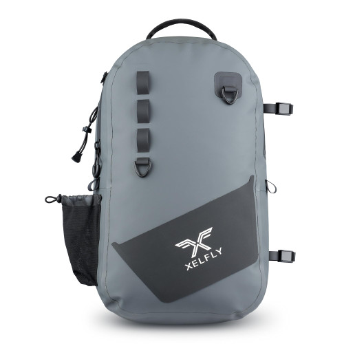 Xelfly - Waterproof Fishing Backpack with Rod Holder, Inflatable Air Valve, Padded Waist Straps & Gear Loops - Submersible Zipper, Rugged Top Handle, Adjustable Attachments (Gray)