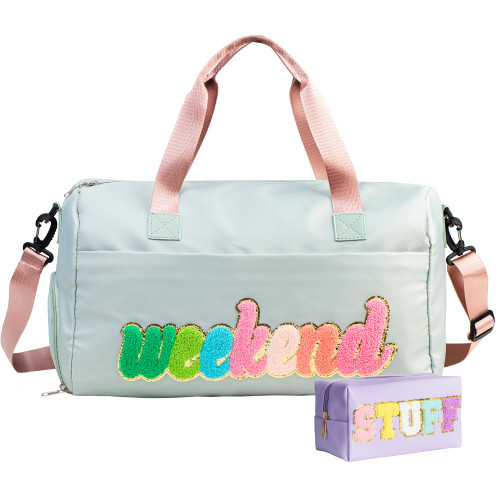 whqhup Weekender Bags for Women, Sleepover Overnight Bag with Shoe Compartment, Duffel Bag, Weekend Gym Bag, Hospital Personal Item, 2pcs Stuff Chenille Letter Preppy, Green, Pink