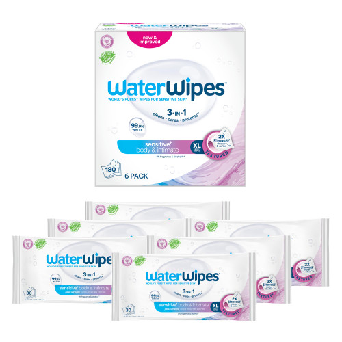 WaterWipes Sensitive+ Body & Intimate Wipes, 3-In-1 Cleans, Cares, Protects, 99.9% Water, Unscented & Hypoallergenic Hygiene Wet Wipes, Adult Care,180 Wipes (6 Packs) WaterWipes Sensitive+ Body & Intimate Wipes, 3-In-1 Cleans, Cares, Protects, 99.9% Water, Unscented & Hypoallergenic Hygiene Wet Wipes, Adult Care,180 Wipes (6 Packs)