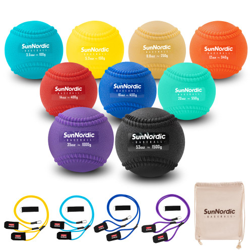 SunNordic 6/9 Pack Plyometric Weighted Baseball Set (3.5-16/35/53/70 oz) - Variable Weight Plyo Baseballs for Improved Power & Pitching Training - for All Skill Levels