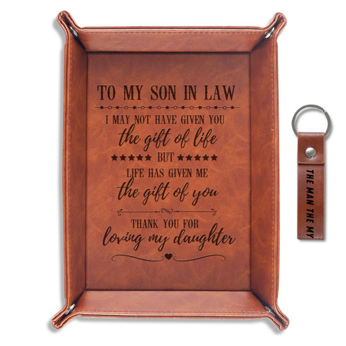 INNObeta Son in Law Gifts Valet Tray from Dad, Mom, Desktop Storage Organizer PU Leather Bedside Tray Key Coin Holder for Birthday, Christmas