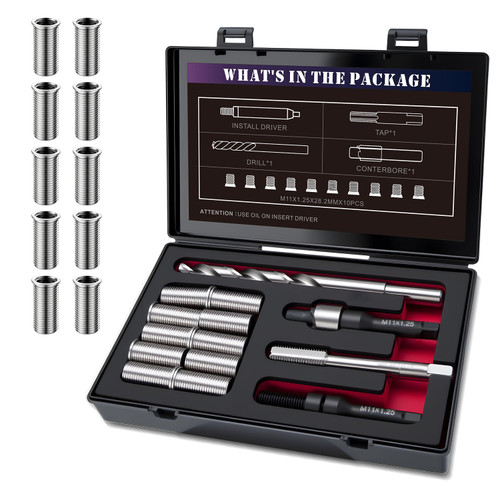 SENNMONN M11X1.25X28.2MM Thread Repair Kit with Insert HSS Drill, Tap, Counterbore, Installation Driver, Metric, 10PCS Stainless Steel Insert M11X1.25X28.2MM