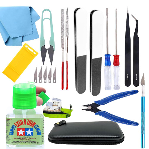 Tamiya Extra Thin Cement with Fine Tip Applicator and Pixiss Gundam Model Toolkit - 4 Oz Plastic Model Glue for Miniatures, Miniature Tool Kit Including Mini Tweezers, Pliers, Nippers