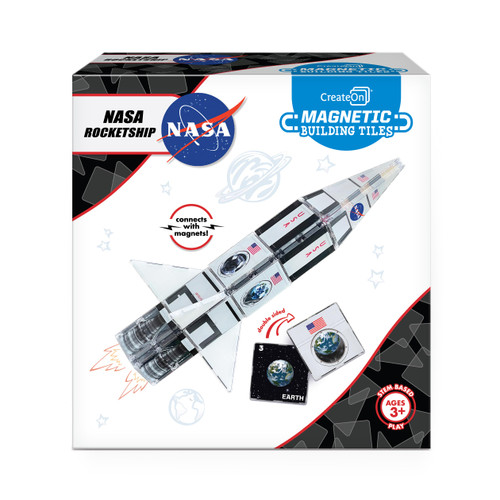 CreateOn NASA Rocketship Magnetic Tile Set, Building Set for Kids, Magnetic Building Toys for Kids, STEM Toys for Boys and Girls Ages 3 and Up, 18-Piece Set