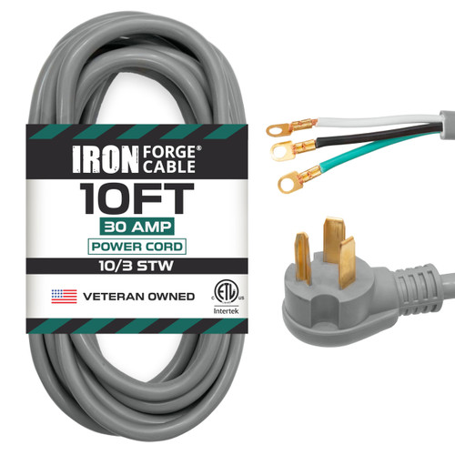 Iron Forge Cable 3 Prong Dryer Cord 10ft - NEMA 10-30 Extension Wire 30 Amp with Three Ring Terminals - 10 Gauge Appliance Power Cord 125V/250V - Flat Plug - ETL Certified STW - Gray