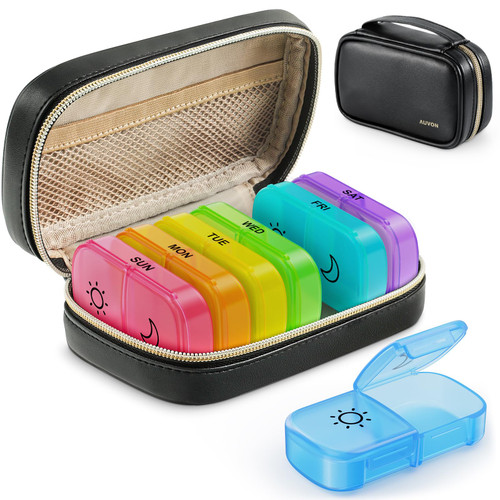 AUVON Weekly Pill Organizer 2 Times a Day with PU Leather Bag, Travel AM PM Pill Box 7 Day with One-Side Large Opening Design for Easy Filling, Portable Pill Case for Vitamins, Medication, Supplements