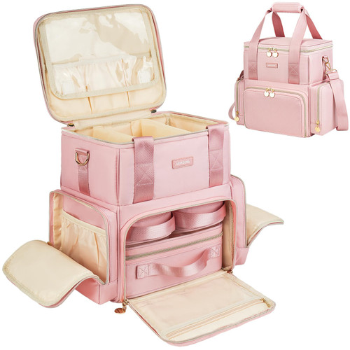 Jaffzora Extra Large Makeup Bag,4 in 1 Cosmetic Storage Organizer Travel Case with 3 Detachable Pouches and Dividers,Pink