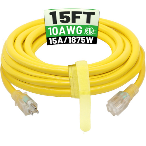 POWGRN 15 Ft 10AWG Outdoor Extension Cord Waterproof Heavy Duty 10 Gauge 3 Prong, Flexible Cold-Resistant Power Cord Indoor & Outside with Lighted Indicator End, 15Amp 1875W SJTW Yellow ETL Listed