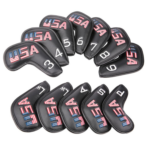 Golf Builder 12pcs/Set Black Leather USA Golf Club Iron Head Covers 3-9,P,S,A,Lw,Lw Fit All Brands