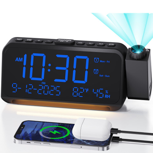 Roxicosly Projection Alarm Clock for Bedroom Ceiling, 118 dB Super Loud for Heavy Sleepers, 6.7" Large Digital Dimmable Display with Day Date Indoor Temp Humidity, Dual Alarms Adjustable Volume
