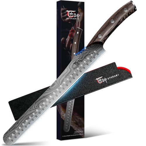 SYOKAMI Brisket Slicing Knife, 12 Inch Multifunction Carving Knife for Meat Cutting, Japanese Style Meat Slicer with Wood Full Tang Handle, Damascus Pattern Long Slicing for Roast Beef, Ideal for Gift