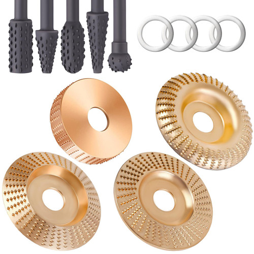 VOUHLAE 4PCS Wood Carving Disc Set+5PCS Rotary Burr Rasp Set,4" or 4 1/2" Angle Grinder with 7/8" Arbor,Grinding Wheel Shaping Discs for Wood Grinding,Wood Angle Grinder Accessories