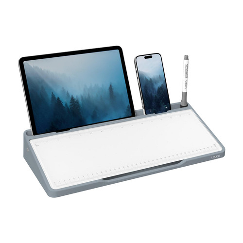 LOUKIN Glass Desktop Whiteboard, 15.3" x 5.6" Dry Erase Desk Board with Dotted and Graduated Surface, Desktop Buddy, Great for Design and Drawing, 3 Markers and 1 Dry Erase Eraser Included (Grey)