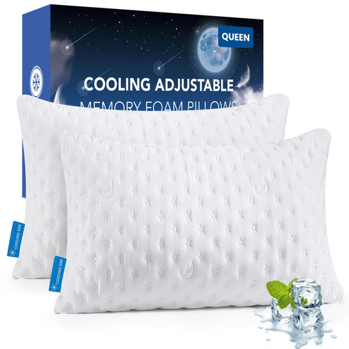 Cooling Side Sleeper Pillow for Neck and Shoulder Pain, Luxury Shredded Memory Foam Pillows for Sleeping, Firm Bed Pillows Queen Size Set of 2- Adjustable Queen Size- Washable Cover Original White
