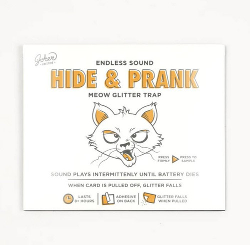 Hide & Seek Prank Meowy Glitter Trap - 8-Hour Intermittent Cat Meows with Wall-Adhesive and Surprise Glitter Pouch for Office & Home Fun - Guaranteed Laughter!