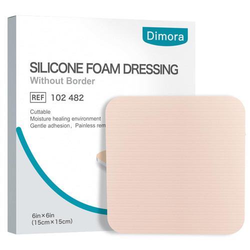 Dimora Silicone Foam Dressing Without Border - 6"x 6" Highly Absorbent Adhesive Bandages for Wounds Cuttable Pads for Wound Care 5 Pack