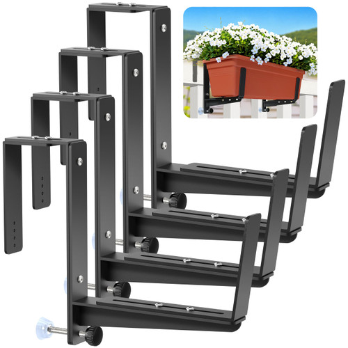 Window Box Brackets, Adjustable Planter Box Brackets, Heavy Duty Iron Flower Box Brackets for Railings, with Enhanced Bottom Support - Perfect for Balconies, Fences, and Gardens (Black, 4 Pack)