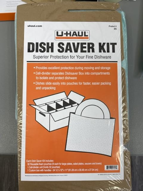 U-Haul Dish Packing Kit – for Dishes and Glassware – Includes 1 Box, 1 Cell Divider Unit, and 32 Assorted Foam Pouches