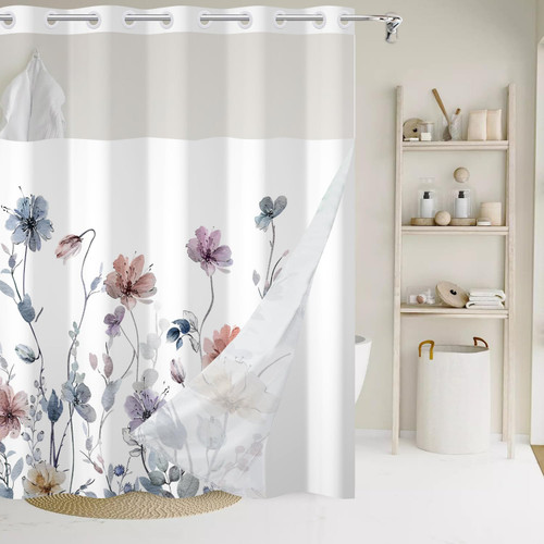 AWERT No Hook Shower Curtain with Snap in Liner Watercolor Floral Shower Curtain and Liner Set Double Layers Waterproof Fabric and See-Through Top Window Bathroom Decorative 71x74inch