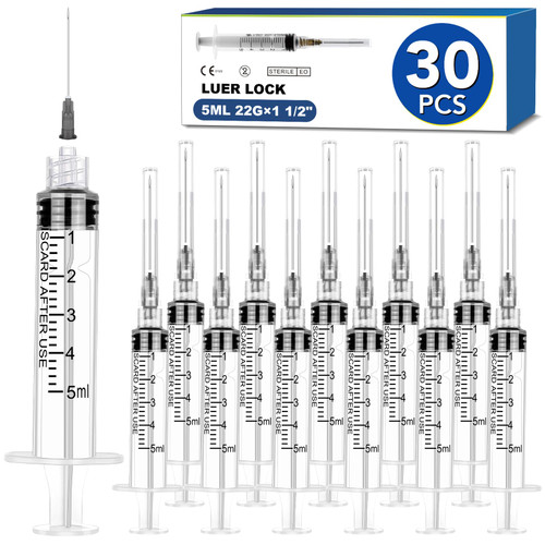 30 Pack 5ml Syringes with Needle-22Ga 1.5 Inch Needle with Luer Lock, Individually Sealed Packaging