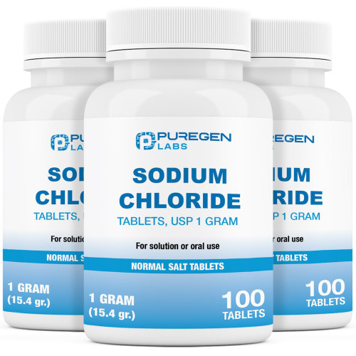 Puregen Labs Sodium Chloride Tablets 1 gm (1000 mg), USP | (15.4gr.) | 3 Pack - 300 Tablets Total | Normal Salt Tablets | Made in USA | Electrolytes Replenisher Hydration Drink