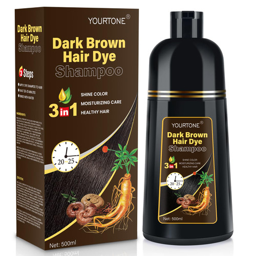 YOURTONE Dark Brown Hair Dye Shampoo 3 IN 1, Hair Color Shampoo for Gray Hair Coverage for Women Men, Herbal Formula with Ammonia-free Ingredients, Lasts up to 30 Days (16.9 Fl Oz)