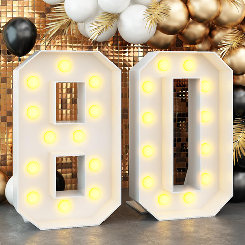 4ft Light up Numbers 80 Mosaic Numbers Frame 80th Birthday Party Large Marquee Slots Cardboard with Light Bulbs Pre-Cut Kit Giant Cut-Out Thick Foam Board Sign Diy Decorations Anniversary Men Women