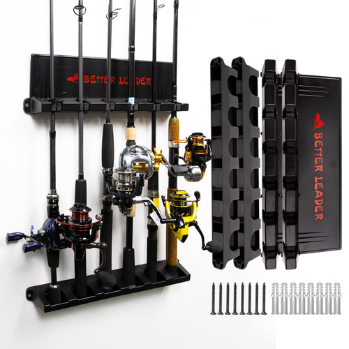 2 Pack Vertical Fishing Rod Holder for Garage, BETTER LEADER Fishing Pole Holders- Holds Up to 12 Rods or Combos, Wall Mount Fishing Pole Rack, Fits Most Rods of Diameter 3-19mm, Fishing Gifts for Men