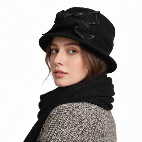 Women Vintage Felt Bucket Hat Winter Wool Dress Beret Hat (C021-Black)