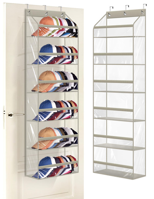 AOODA Clear Over the Door Hat Racks for Baseball Caps, Large Holds up to 72 Caps Hat Storage Organizer for Closet Wall, Deep Pockets Hanging Snapback Holder Shelves with 3 Hooks, Grey