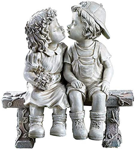 Lily's Home First Kiss Resin Garden Statue, Little Girl and Boy Kissing Yard Miniature Figurine,Small and Exquisite, 9 Inch