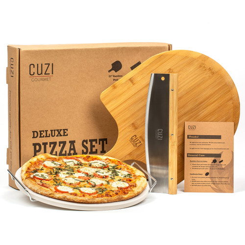 Cuzi Gourmet XL 4-Piece Pizza Stone Set - 15" Thermal Shock Resistant Cordierite Baking Stone, 22" Natural Bamboo Peel & Cutter Rocker - Large Stone for Grill and Oven