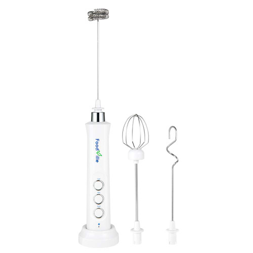 FoodVille MF09 3 in 1 Rechargeable Milk Frother Handheld Foam Maker with Charging Stand & 3 Stainless Steel Whisks (White without Case)