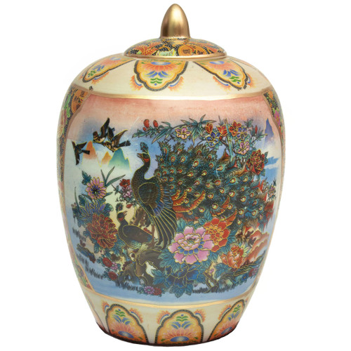 Red Lantern 11" Satsuma Ladies & Peacock Porcelain Vase Jar, Multicolor