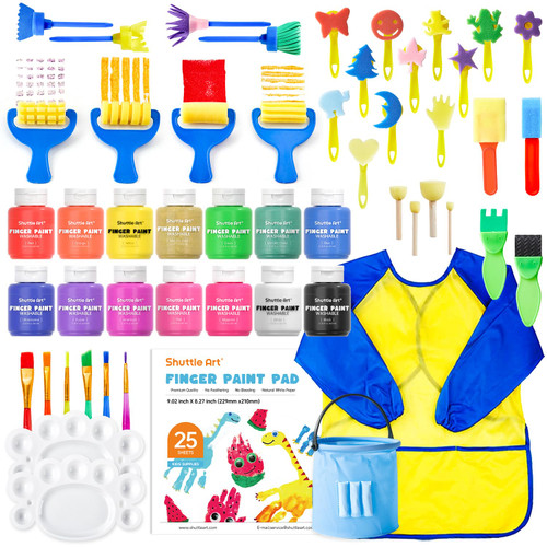Shuttle Art Washable Finger Paint Set, 53 PCS with 14 Colors (2 fl oz), Paint Brushes, Sponge, Palette, Non-Toxic Finger Painting for Toddlers