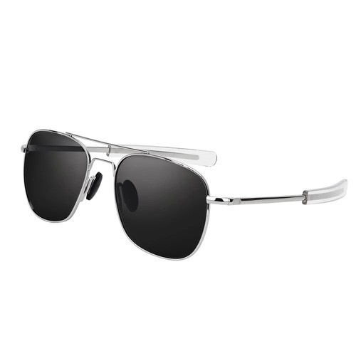 RCXKOOM Men's Aviator Sunglasses American Army Military Pilot Polarized Sunglasses Bayonet Temples (Silver Frame Black Lens)