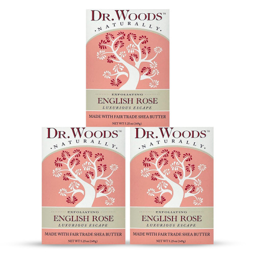 Dr. Woods English Rose Bar Soap with Organic Shea Butter - Pure Rose Scented Soap for Men and Women, Moisturizing and Exfoliating - 5.25 Oz (Pack of 3)