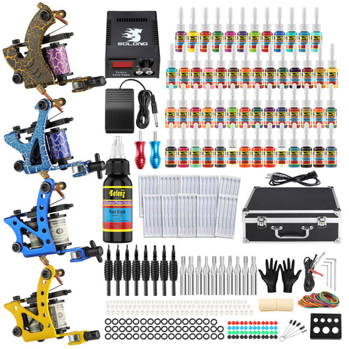 Solong Tattoo Complete Tattoo Kit 4 Pro Machine Guns 54 Inks Power Supply Foot Pedal Needles Grips Tips Carry Case