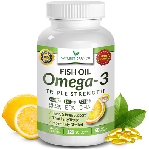 Triple Strength Omega 3 Fish Oil Supplements 2400mg | 120 Capsules, Burpless High Potency Lemon Flavor, High EPA DHA for Men & Women Ultra Pure Softgels | Joint Support, Eyes, Heart Brain Health Pills