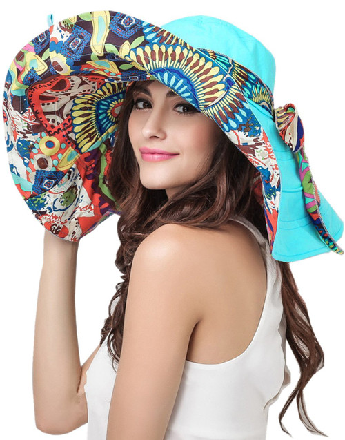 Women's Foldable Floppy Reversible Travel Beach Sun Visor Hat Wide Brim UPF 50+ Blue