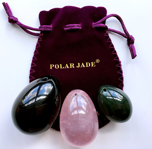 Gemstone Egg Set of 3 – Nephrite Jade, Rose Quartz & Black Obsidian, L/M/S 3-Size, Drilled, Includes Instructions & Pouches for Wellness Training and Exercises– Polar Jade
