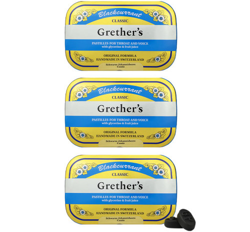 GRETHER'S Pastilles Classic Blackcurrant Natural Remedy Dry Mouth Relief - Soothing Throat & Healthy Voice - Long-Lasting Flavor, Gift for Singers - 3-Pack - 2.1 oz.