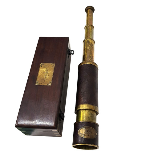 Antique Brass Leather Telescope Kelvin & Hughes London 1917 Spyglass Vintage Nautical Handheld Scope with Wooden Box Pirate Decor & Collectible Gift