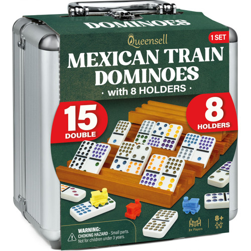 Queensell Mexican Train Dominoes Set Double 15 with 8 Holders - Wooden Hub and Tiles Holders - Double 15 with Dots (D15 + 8 Holders)
