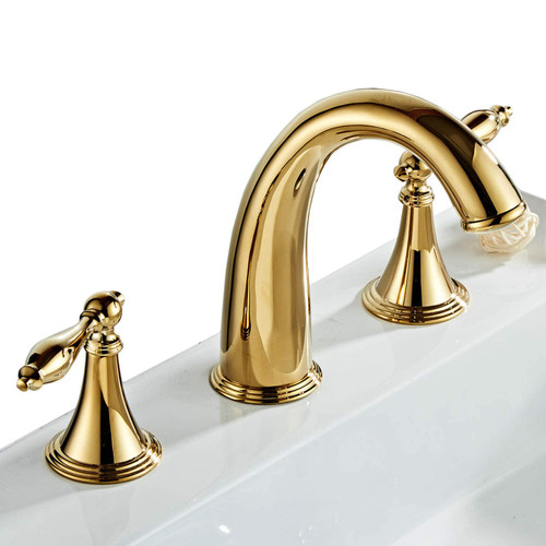 Beelee Gold Solid Brass Widespread Bathroom Faucet 3 Hole Two Handle Deck Mounted Faucet High Arc Lavatory Sink Taps with Ceramic Valve and 2 Hoses, Without Drain