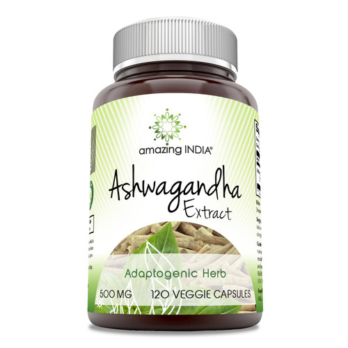 Amazing India Ashwagandha 500 mg Veggie Capsules Supplement | Made with Natural Ashwagandha | Non-GMO | Gluten Free (120 Count)