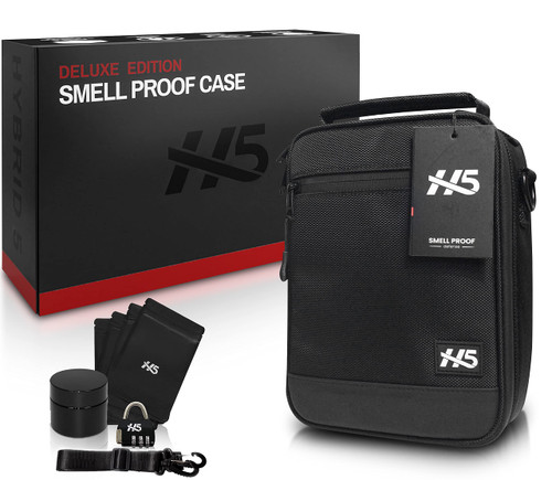 H5 Large Smell Proof Stash Box Set - Premium YKK Zippers - Odor Proof Dog Tested Bag Plus Smellproof Container, 4X Resealable Pouches, Strap, Combo Lock- Smell Proof Case/No Scent Travel Storage Bag